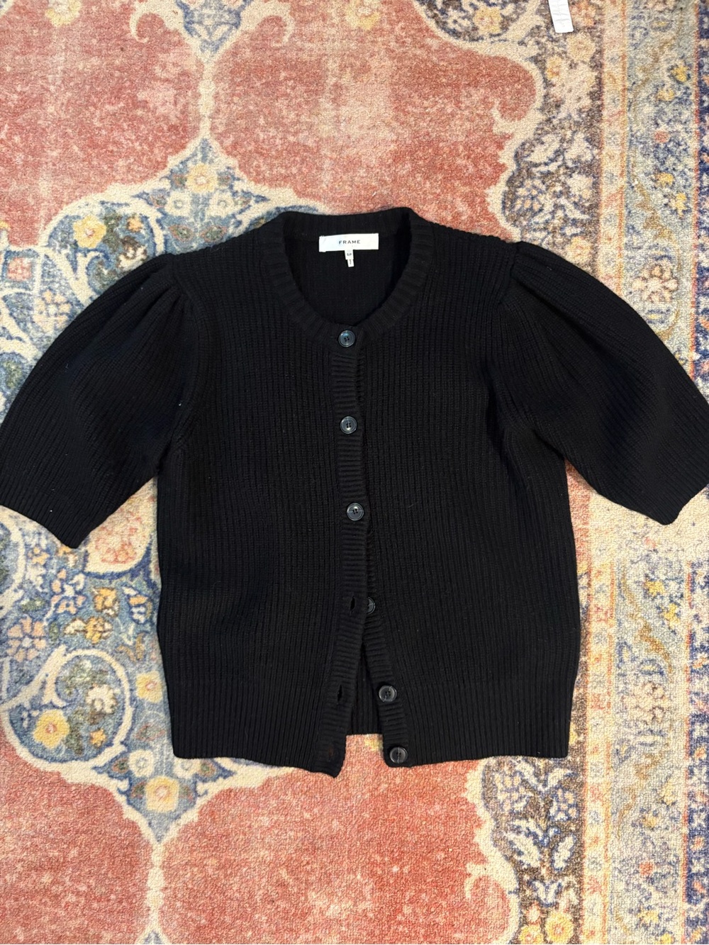 Frame Denim Black Puff-Sleeve Short-Sleeve Button Cardigan